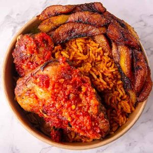 Rice, Fried Plantain and Meat